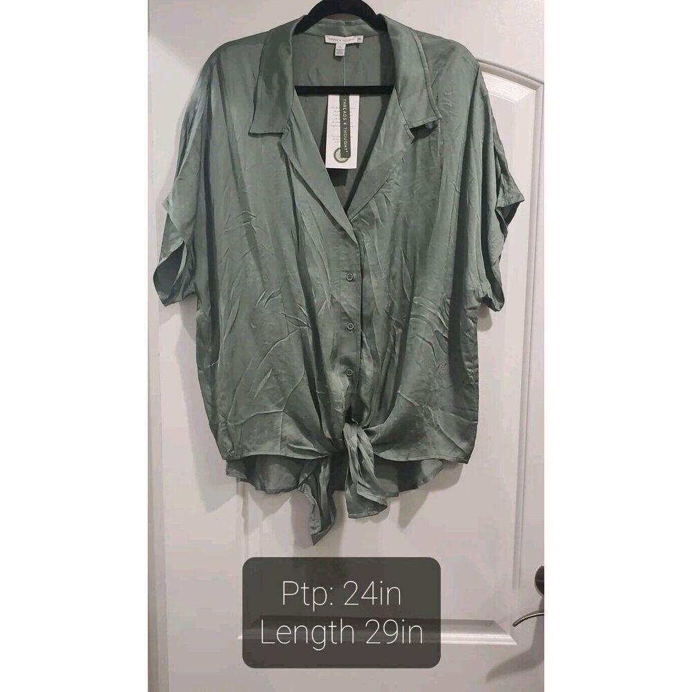 Threads 4 Thought Women's Sheena Sateen Button-Up Shirt Green XXL NWT